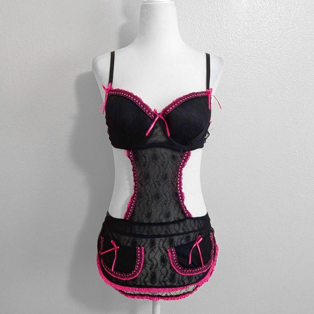 2000s Just Sexy Lingerie Black & Pink Y2K Sheer Lace Maid Apron | Size L